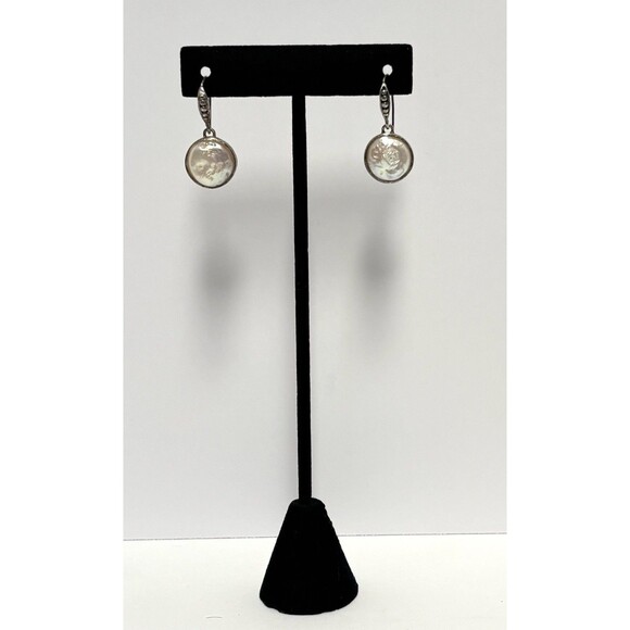 Freshwater Iridescent Coin Pearl Sterling Silver Earrings Dangle Hooks Thai - Picture 1 of 12
